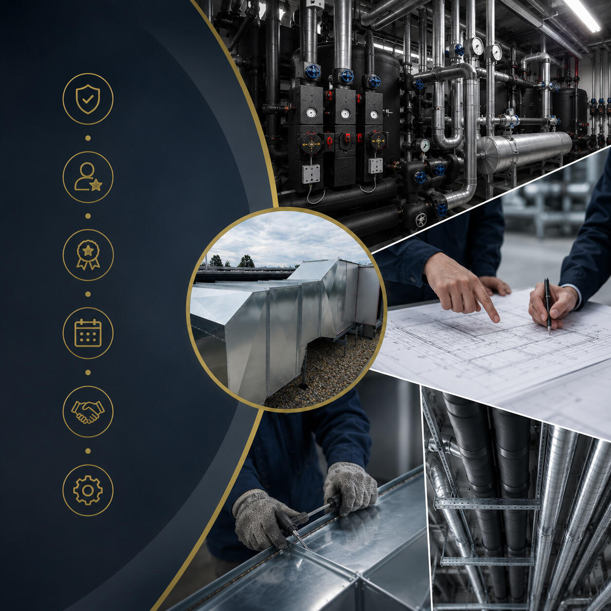 Ihre Vorteile mit RMQ Isoliertechnik – Erfahrung, Qualität und Präzision Moderne Industrie-Collage mit professioneller Isoliertechnik, Blechbearbeitung, Anlagenplanung und technischen Installationen. Die Grafik steht für Qualität, langjährige Erfahrung und präzise Projektumsetzung im Bereich Wärme-, Kälte-, Schall- und Brandsch
